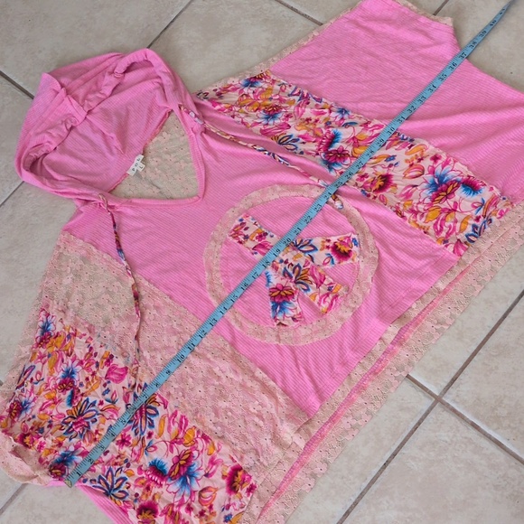 POL  Pink Peace Sign Oversized Hoodie Lace Patchwork Bohemian Top Size Large - Picture 5 of 6